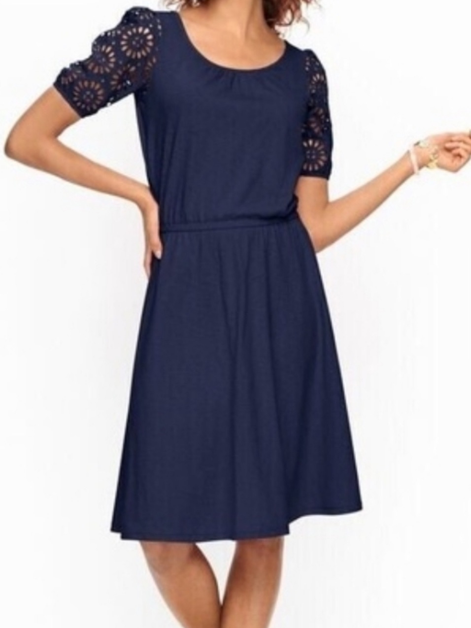 Talbots Eyelet Dress Slub Cotton Modal Blend Navy Size Medium